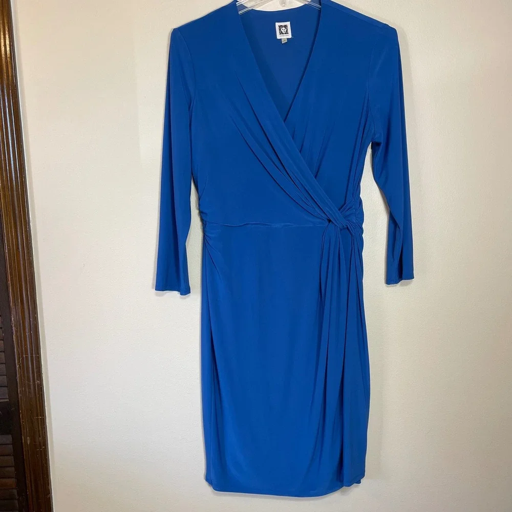 Anne Klein Womens Plus 1X Royal Blue Faux Wrap Side Knot 3/4 Sleeve Dress